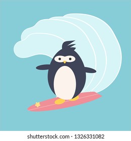 Penguin on the wave. Kawaii background. Vector