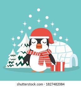 Penguin on winter forest background