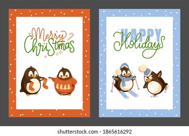 Penguin in orange sweater holding cup and socks, skiing and skating birds in blue headdresses. Happy Holidays and Merry Christmas greeting vector