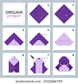 Penguin origami scheme tutorial moving model. Origami for kids. Step by step how to make a cute origami penguin. Vector illustration.