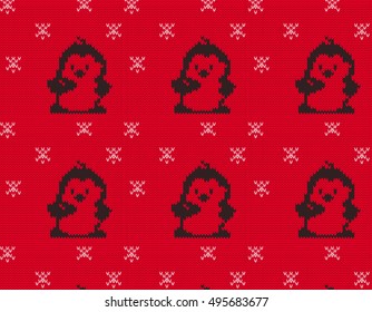 Penguin ornament knitted seamless pattern. Sweater decoration design. Winter holidays seamless background. 