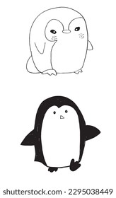 Imagen vectorial de ilustración de contorno pingüino. 
Obra de arte con imágenes de pingüino dibujadas a mano. 
Sencillo y lindo logotipo original de un pingüino monocromo.
Ilustración vectorial dibujada a mano para afiches, tarjetas, camisetas.