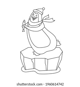 Penguin in outlines stands on an ice floe. Polar animal catching fish. Happy penguin bird dances on an iceberg and smiles. Vector illustration fits for coloring pages, books, posters, logo design.