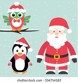 penguin and owl and santa claus