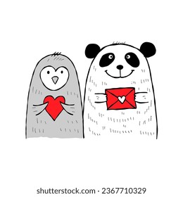 Penguin and panda bear with hearts in hands. Be my Valentine. Valentine's day banner, background, flyer, placard. Holiday poster for scrapbooking. Vector illustration card for greeting, decoration