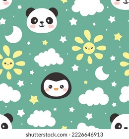 penguin, panda, polar bear deep mint green sky seamless pattern background, kids cute woodland animals with clouds and stars fabric and textile print design.