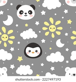 penguin, panda, polar bear deep grey neutral for boy and girl sky seamless pattern background, kids cute woodland animals with clouds and stars fabric and textile print design.