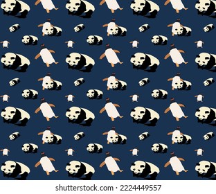 Penguin and Panda vector repeat pattern with dark blue background