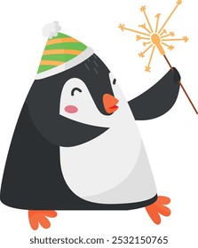 Penguin with party sparkler. Celebration mascot in cone hat