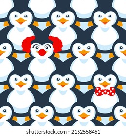 Penguin pattern cute animal cartoon clown fun seamless illustration on blue background