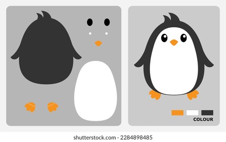 Penguin pattern for kids crafts or paper crafts. Vector illustration of penguin puzzle. cut and glue patterns for kindergarten crafts.