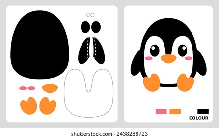 Penguin pattern for kids crafts or paper crafts. Vector illustration of penguin puzzle. cut and glue patterns for kindergarten crafts.