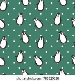 penguin pattern on green polka dot background. cute vector illustration