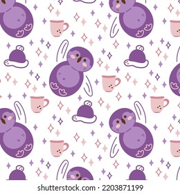 Patrón pingüino. Patrón sin foco con pingüino lindo, sombrero de invierno, taza con té.