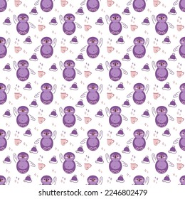 Penguin pattern1. Seamless pattern with cute penguin character, winter hat and cup. Cartoon color vector illustration.