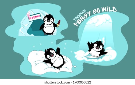 Penguin Pengy go wild. Vector illustration with cute penguin in different poses. With ice cream, in snow playing with snowflakes, riding a hill. 