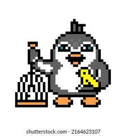 Penguin with a pet canary bird and a cage, pixel art animal character on white background. Old school retro 80's-90's 8 bit slot machine, computer, video game graphics. Cartoon mascot. Freedom concept