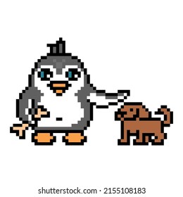 Penguin pet owner training a dog with a bone, cute pixel art animal character isolated on white background. Old school retro 80s, 90s 8 bit slot machine, computer, video game graphics. Cartoon mascot.