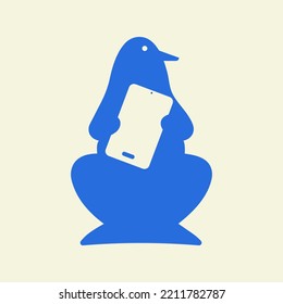 Penguin Phone Logo Negative Space Concept Vector Template. Penguin Holding Phone Symbol