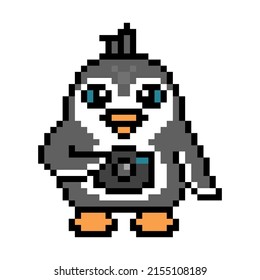 Penguin Photographer With A Camera, Cute Pixel Art Animal Character Isolated On White Background. Old School Retro 80s, 90s 8 Bit Slot Machine, Computer, Video Game Graphics. Cartoon Cameraman Mascot.