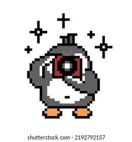Penguin Photographer Taking A Picture With A Camera, Pixel Art Animal Character Isolated On White Background. Old School Retro 80s-90s 8 Bit Slot Machine, Video Game Graphics. Cartoon Paparazzi Mascot