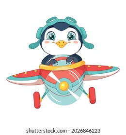 Penguin pilot flying on plane. Cartoon vector illustration