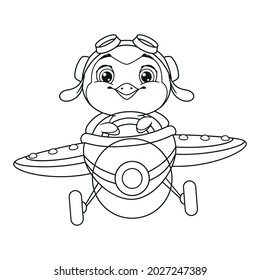 Penguin pilot flying on plane coloring page. Black and white cartoon illustration