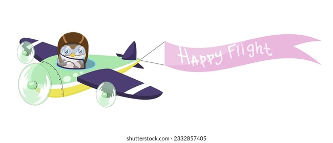 Penguin pilot, toy plane, cartoon aircraft, happy flight, cute, fly, sky, fun, air, travel, aviation, helmet, kid journey, adventure, childhood. Isolated on white background. Vector illustration