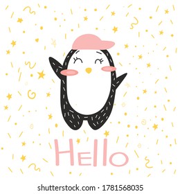 Сartoon penguin with a pink cap. Making an invitation card for a child. Design of clothing, paper, notebooks, albums for children. vector Isolated illustration with a penguin.