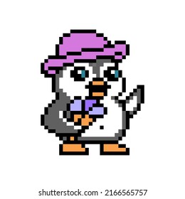 Penguin In A Pink Hat Eating Ice Cream Cone And Waving His Flipper On A Walk, Pixel Art Animal Character On White. Retro 80's-90's 8 Bit Slot Machine, Video Game Graphics. Summer Mascot. Dessert Food.