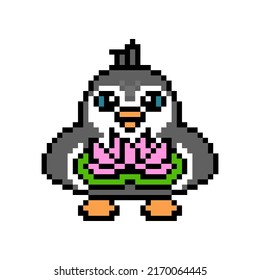 Penguin with a pink lotus flower, cute pixel art animal character isolated on white background. Old school retro 80s, 90s 8 bit slot machine, computer, video game graphics. Cartoon mascot.