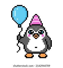 Penguin in a pink striped party hat holding a blue balloon, cute pixel art birthday animal character isolated on white background. Old school retro 80s, 90s 8 bit slot machine, video game graphics. 