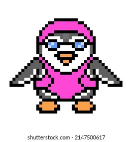Penguin in a pink swimsuit, pool cap and goggles, cute pixel art animal character isolated on white background. Old school 80s, 90s 8 bit slot machine, video game graphics. Water sport training mascot