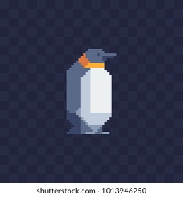 Penguin. Pixel art. Cartoon character. Flat style icon. Game assets. Isolated vector illustration. 