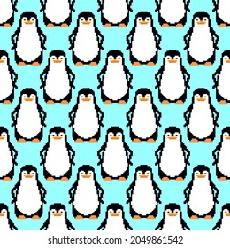 Penguin pixel art pattern seamless. pixelated  flightless seabird background. 8 bit vector texture