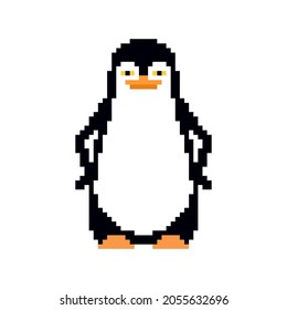 Penguin pixel art. pixelated  flightless seabird. 8 bit vector illustration