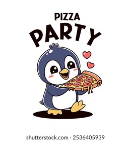 Pingüino pizza lindo Vector de dibujos animados retro dibujado a mano lindo Vector de dibujos animados retro dibujado a mano