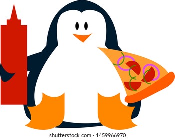 Penguin with pizza, illustration, vector on white background.