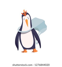 Penguin and plastic bag, global environmental problem, ecological disaster vector Illustration on a white background
