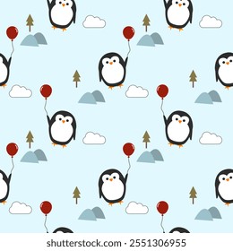 Penguin play balloon cartoon so cute. On mountain cloud tree light blue background. Pattern seamless vector illustration. 
