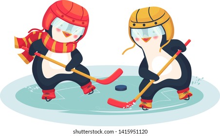 penguin play ice hockey in the winter