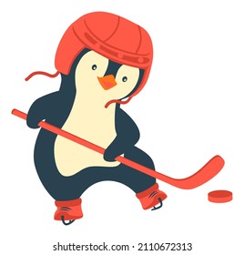 Penguin play ice hockey in the winter. Kids hockey. Childrens sports concept