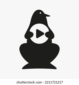 Penguin Play Logo Negative Space Concept Vector Template. Penguin Holding Play Symbol