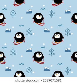 Penguin play ski cartoon so cute. On tree mountain snow light blue background. Pattern seamless vector illustration. 
