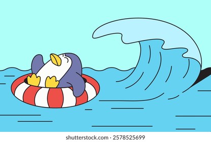 Penguin playful and relaxed floating on the sea with a lifebuoy amidst gentle waves cartoon hand drawn illustration vector