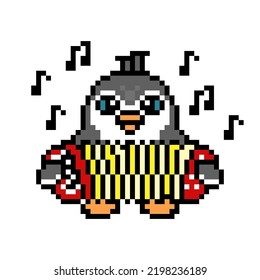 Penguin playing accordion, cute pixel art animal character isolated on white background. Old school retro 80s, 90s 8 bit slot machine, computer, video game graphics. Cartoon music artist mascot.