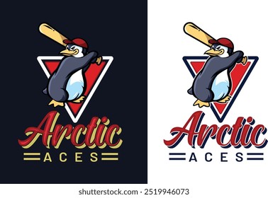 pinguim jogando logotipo americano de beisebol