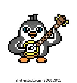 Penguin Playing Banjo, Pixel Art Animal Character Isolated On White Background. Old School Retro 80s, 90s 8 Bit Slot Machine, Computer, Video Game Graphics. Cartoon Folk, Country Music Artist Mascot.