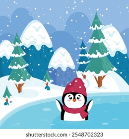 Penguin playing in frozen lake with trees, Vector