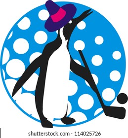 A penguin playing golf on a stylized golf ball/snow storm background